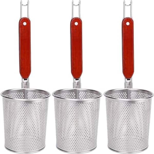 Stainless Steel Mesh Pasta Basket Strainer Wooden Handle, 3-Pack, for Pasta, Noodles, Dumplings, Vegetables, and Fruits