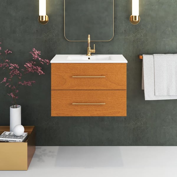 VOLPA USA AMERICAN CRAFTED VANITIES Napa 30 in. W. x 18 in. D Single Sink Bathroom Vanity Wall Mounted in Pacific Maple with Ceramic Integrated Countertop