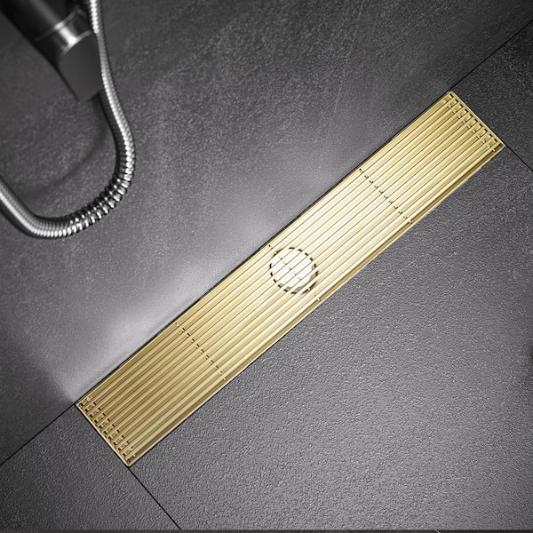 48 in. Linear Stainless Steel Shower Drain with Bar Pattern, Zirconium Gold Plating