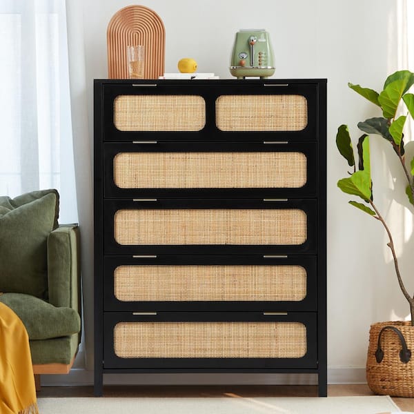 ATHMILE Black Wooden Rattan 5-Drawer Storage Cabinet Dresser (15.74in.D x 31.49in.W x 43.3in.H)
