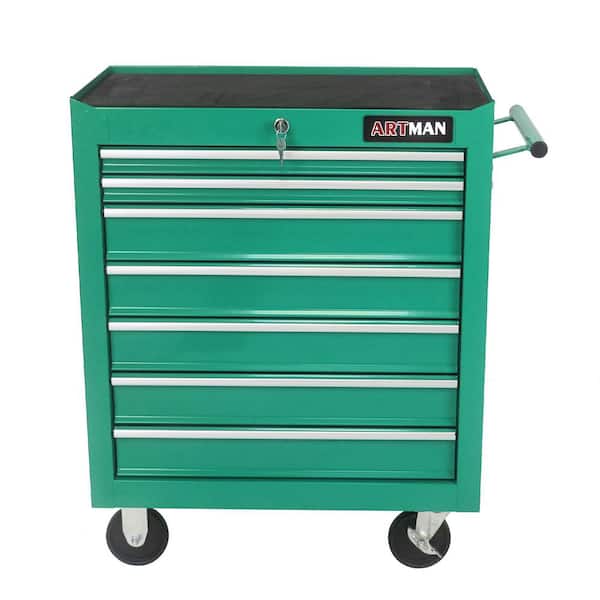Green Metal 7-Drawer Multi-Function Tool Cart, Workshop Tool Trolley with Wheels