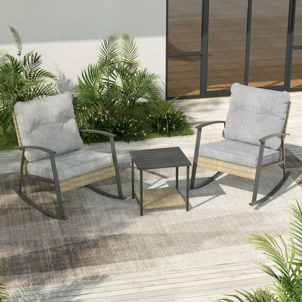 JOYESERY Outdoor Rocking Bistro Set  Patio Porch Furniture Patio Chairs (Set of 2) w/Side Table and Linen Gray Cushions (3-Piece)