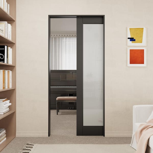 36 in., x 80 in., 1-Lite Glass Black Primed Wood Sliding Pocket Door with Pocket Door Hardware Kit (Soft Close Included)