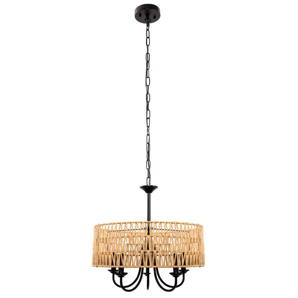 アンティーク Emeritpro 5-Light Farmhouse Black Woven Rattan Branch Chandelier