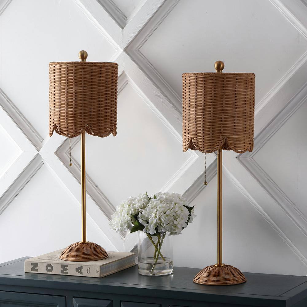 Celerie 27.5" Natural Rattan and Brass Gold LED Table Lamp Set