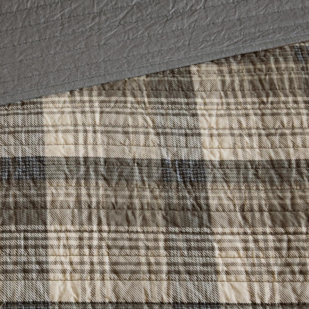 Tan and Brown Plaid Cotton King Quilt Set