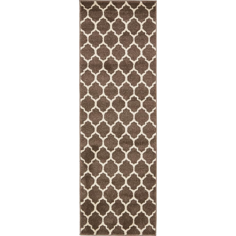 Brown and Beige Synthetic Trellis Runner Rug