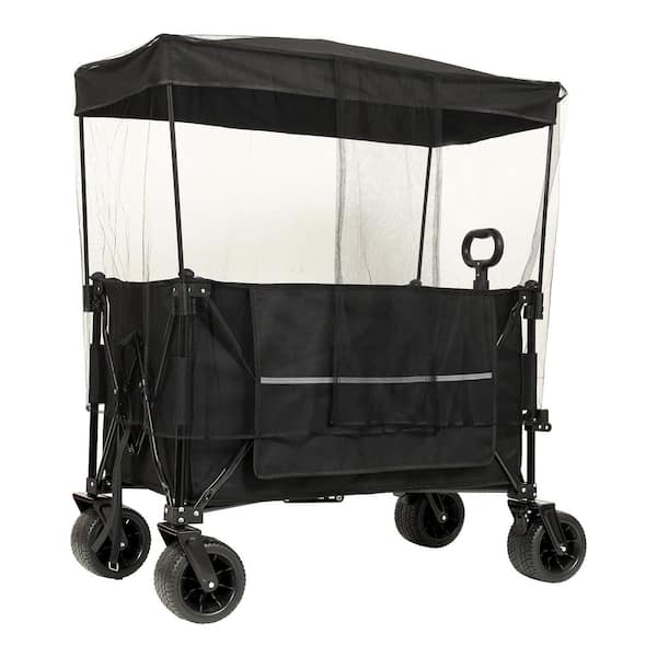 21 cu. ft. Steel Garden Cart, Foldable Extended Wagon with Canopy, Drink HoldersandSide Pocket, 480lbs Capacity in Black