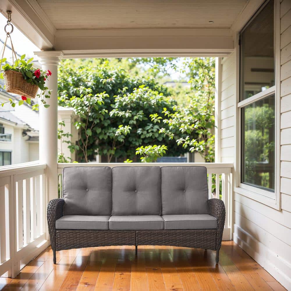 PlainCurve Metal and Brown Wicker Outdoor 3-Seat Sectional Couch Sofa with Olefin Gray Cushions price history on PriceWatchPro