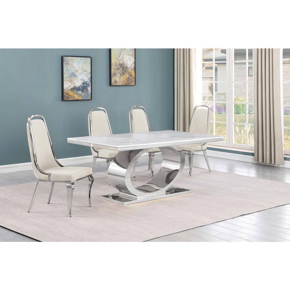Khiri Cream and Silver Marble Top Pedestal Dining Set