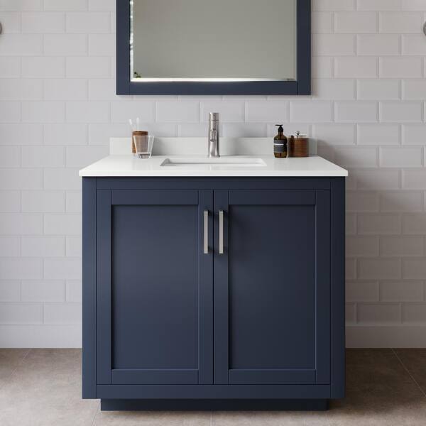 Wyndham Collection Miranda 36 in. W x 22 in. D x 33.75 in. H Single Bath Vanity in Dark Blue with White Quartz Top