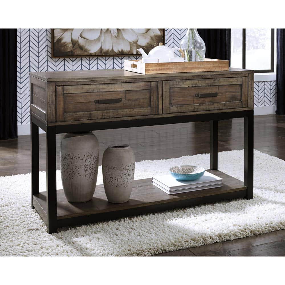 Johurst Black and Brown Wood Metal Rectangular Sofa Table with Storage