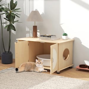 Wood Cat Litter Box Enclosure with Sisal Scratching Doors and Adjustable Metal Feet
