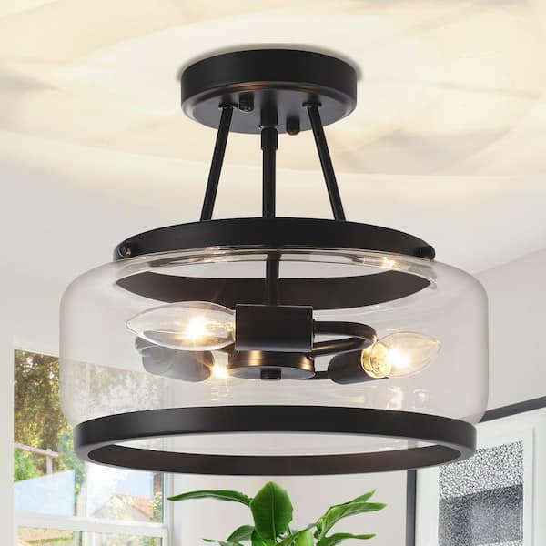 11.8 in. 3-Light Matte Black Modern Glass Drum Semi Flush Mount Ceiling Light Fixture for Dinning Room