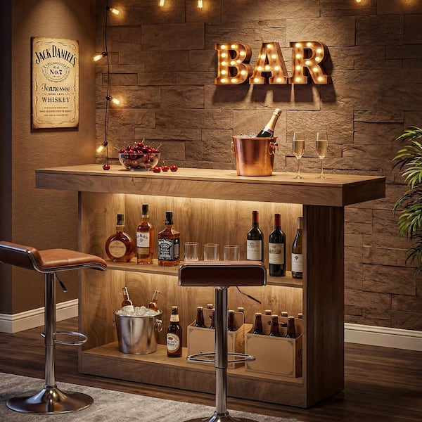 41 in. H Oak-color Engineered Wood Home Bar Table, 2-Tier Farmhouse High Top Pub Table with Footrest, Storage Shelves