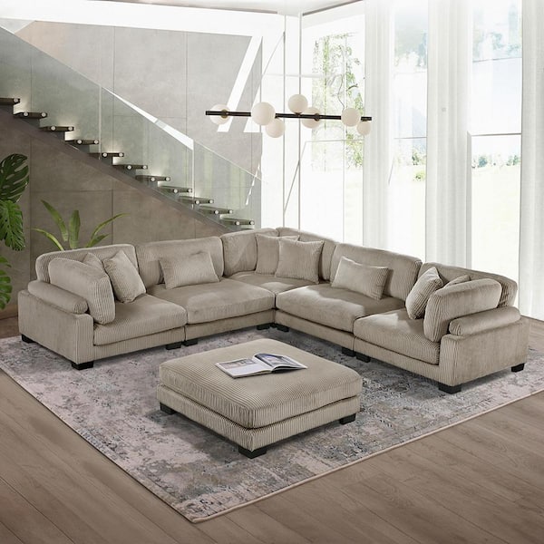 Turbo 135 in. Pillow Top Arm 6-Piece Corduroy Modular Sectional Sofa in. Taupe with Ottoman