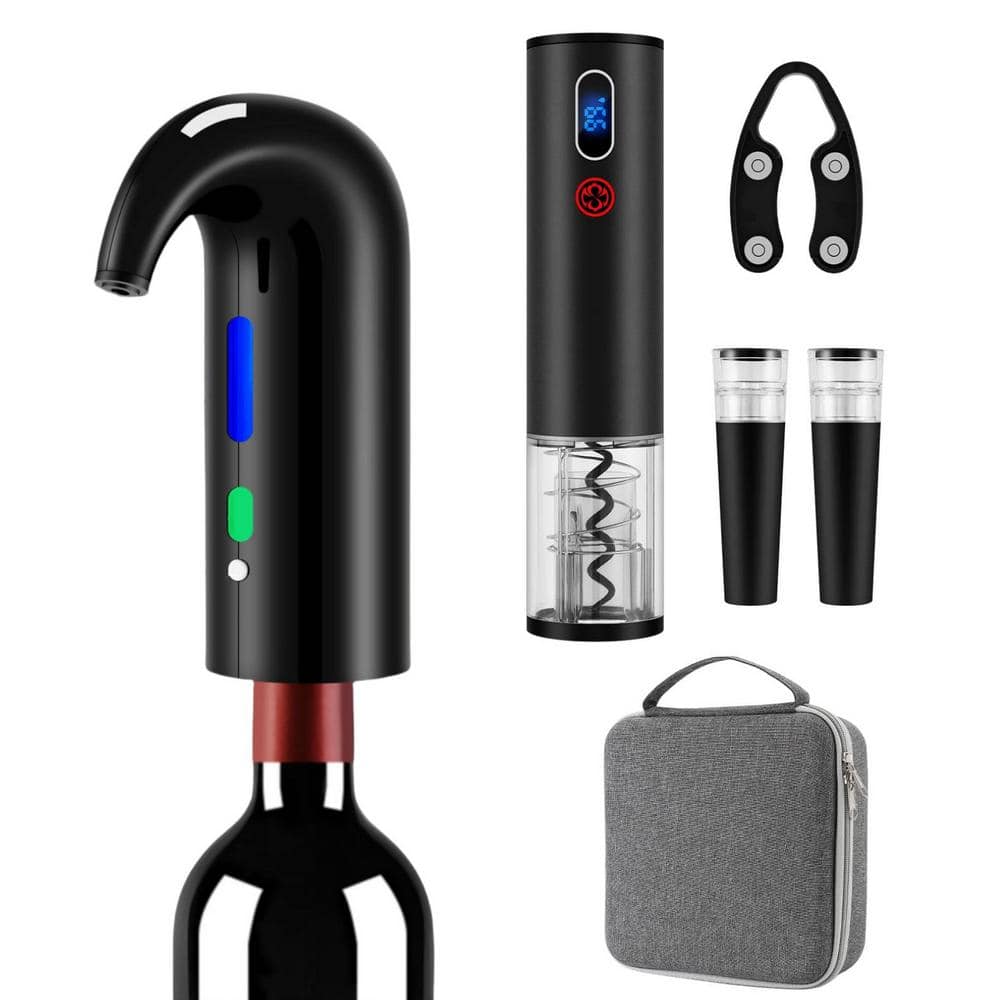 Black Electric Wine Bottle Opener Set with Decanter, Aerator, and Accessories