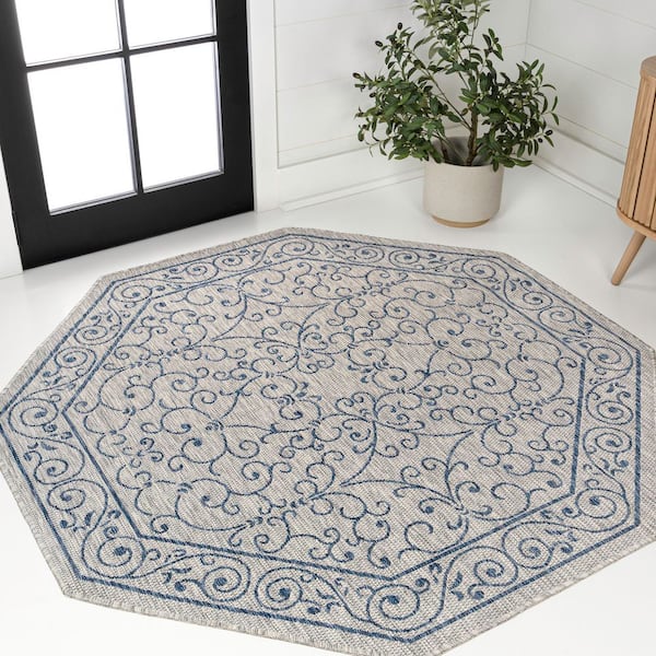 Charleston Vintage Filigree Textured Weave Gray/Navy 8 ft. Octagon Indoor/Outdoor Area Rug