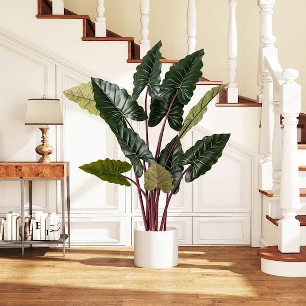 2 Pack Artificial Rainbow Taro Tree 63'' Tall Fake Pre-potted Plant w/ 11 Faux Leaves