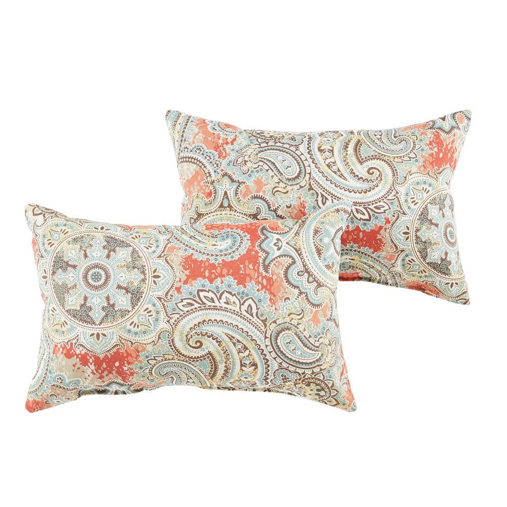 Coral/Aqua Paisley Rectangular Outdoor Knife Edge Lumbar Pillows (2-Pack)