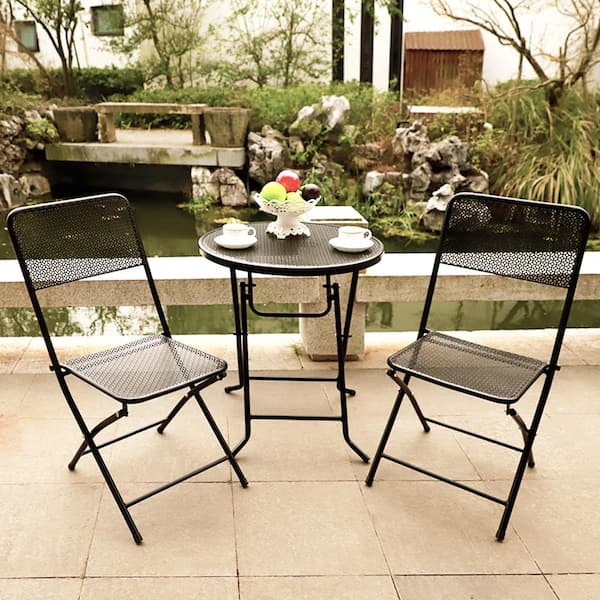 Metal Frame Folding Outdoor Bistro Set, Outdoor Bistro Table And Chairs Black