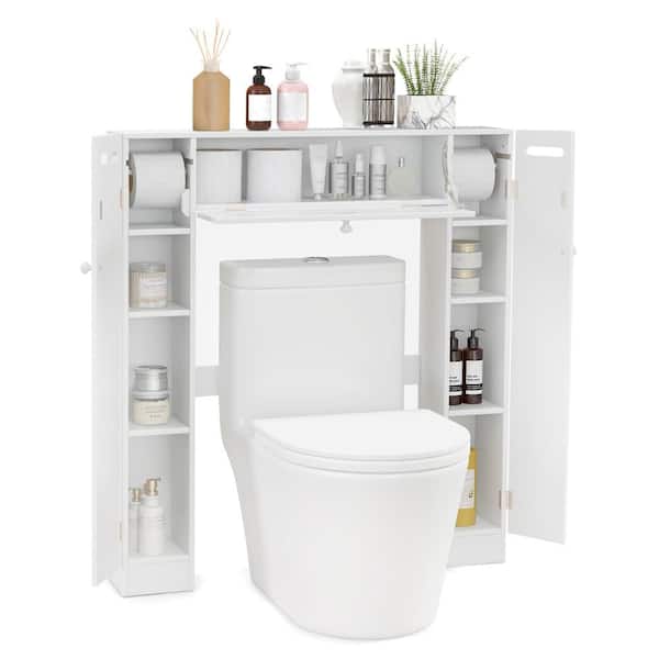 Costway 34 in. W x 39 in. H x 7.5 in. D White Over The Toilet Storage Cabinet Freestanding Shelf Paper Holder with Doors