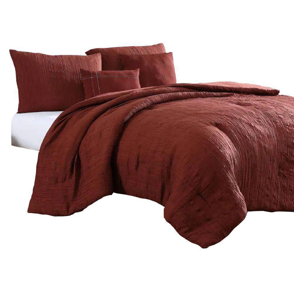 Benjara Alice 5- Piece Red Textured Microfiber Queen Comforter Set - 1