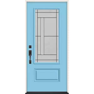 36 in. x 80 in. Right-Hand 3/4 Lite Decorative Glass Atherton Caribbean Blue Fiberglass Prehung Front Door