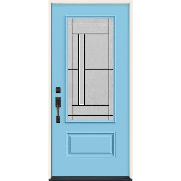 JELD-WEN 36 in. x 80 in. Right-Hand 3/4 Lite Decorative Glass Atherton Caribbean Blue Fiberglass Prehung Front Door