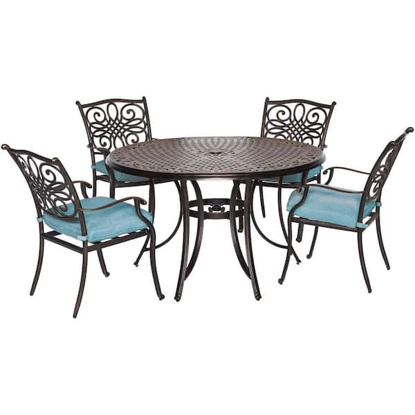 Hanover Traditions 5-Piece Aluminum Outdoor Round Patio Dining Set with Blue Cushions