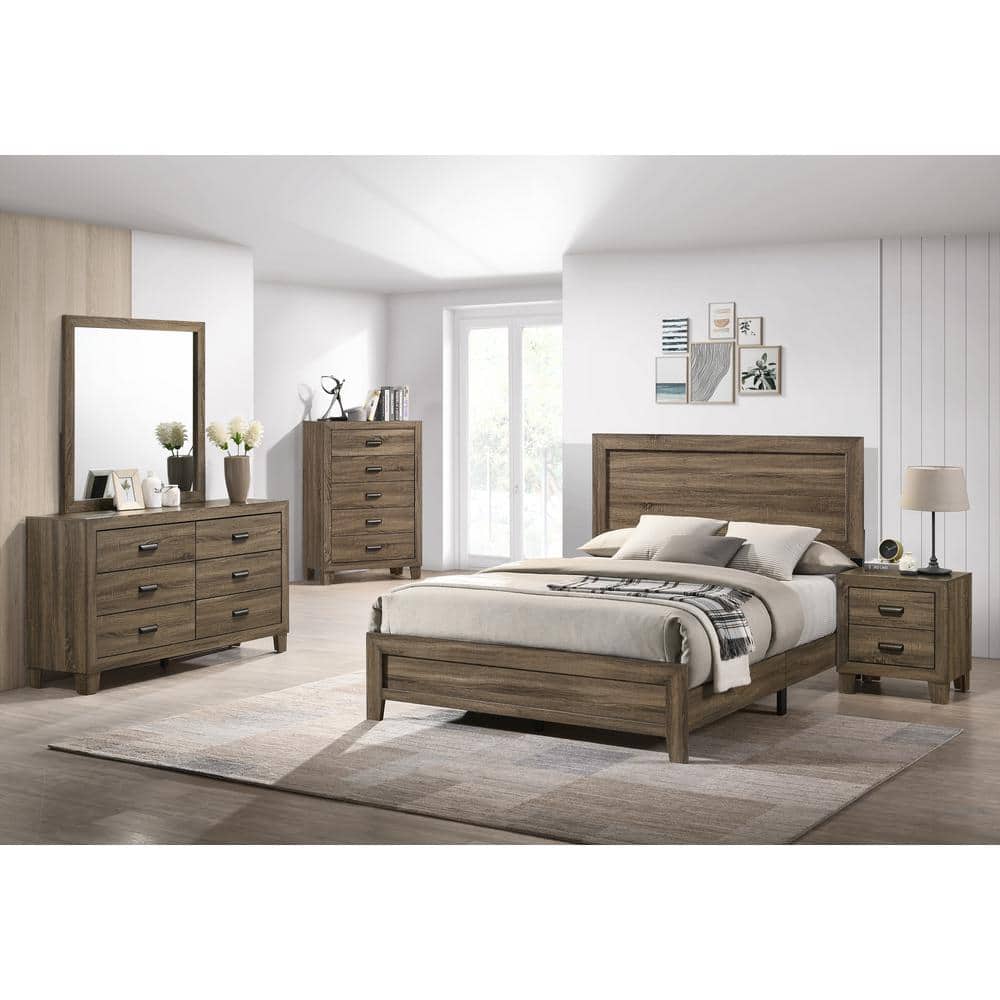 Queen Dark Walnut Upholstered Wood Panel Bed