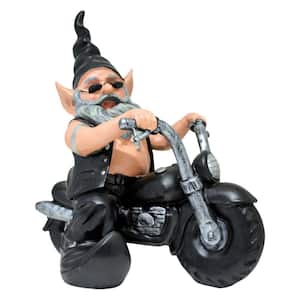 12 in. H "Biker Dude" the Biker Gnome in Leather Motorcycle Gear Riding His Black Bike Home and Garden Gnome Statue