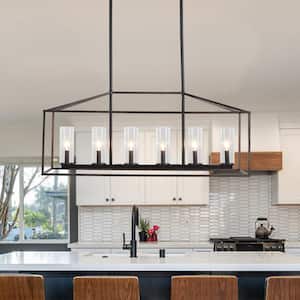 6-Light Black and Wood Grain Geometric Linear Island Chandelier for Dinning Room with No Bulbs Included