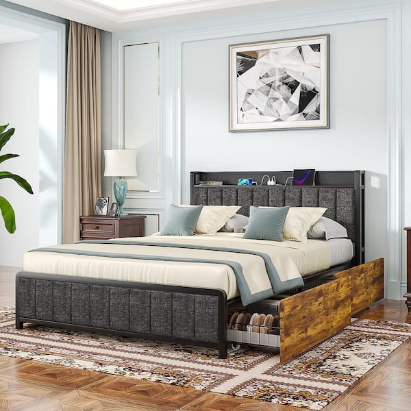 Rustic Platform Bed Frame with Upholstered Headboard, Built-in Charging Station and 4 Rolling Storage Drawers, Full Bed