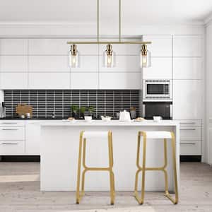 3-Light Plated Brass Island Hanging Chandelier Modern Pendant Light with Clear Glass Shade for Kitchen and Dining Room