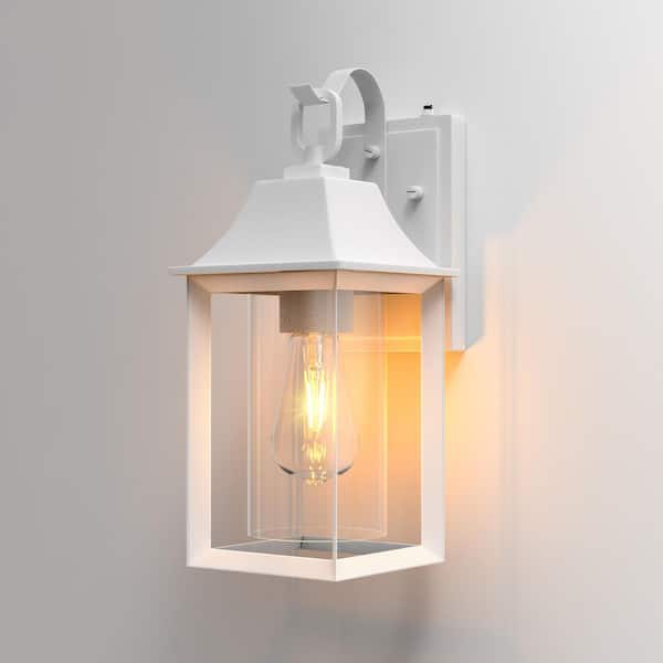 Maxax Decorators 14 in. E26 White Farmhouse Cylinder Dusk to Dawn Outdoor Hardwired Cylinder Glass Sconce