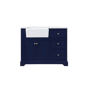 Timeless Home 42 in. W x 22 in. D x 34.75 in. H Single Bathroom Vanity Side Cabinet in Blue with White Marble Top