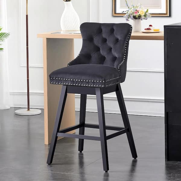 Hochwertiges 26 in. Black Velvet Upholstered Solid Wood Frame Counter Height Bar Stool Swivel Counter Stool with Back (Set of 1)
