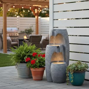 28 in. Outdoor Cascade Fountain with LED Lights and Adjustable Flow