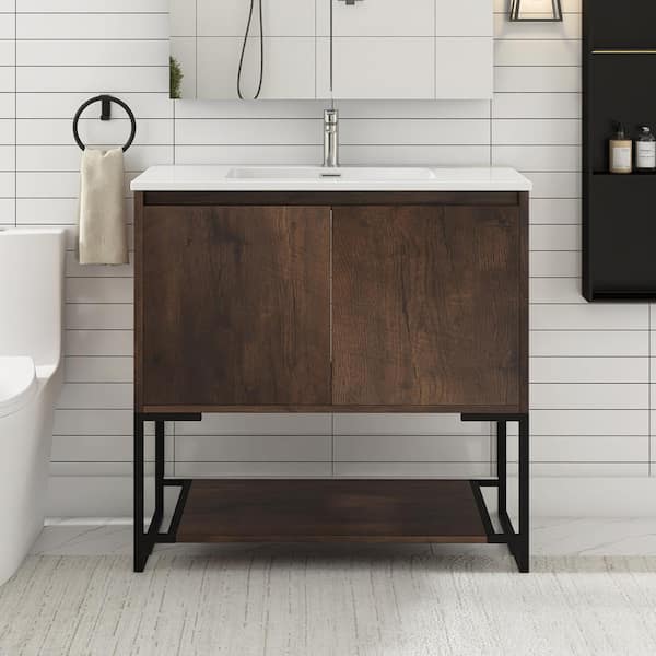 JimsMaison Allen 36 in. W x 19 in. D x 34 in. H Freestanding Bath Vanity in Rose Wood with White Cultured Mable Top