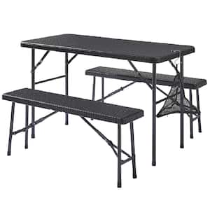 3-Piece Folding Table Set, Folding Table with 2-Benches, 47.2 in. Faux Rattan Folding Table w/Mesh Bag, Black Table Set