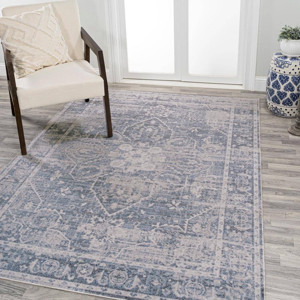 Blue and Light Gray Medallion Washable Synthetic 4' x 6' Rug