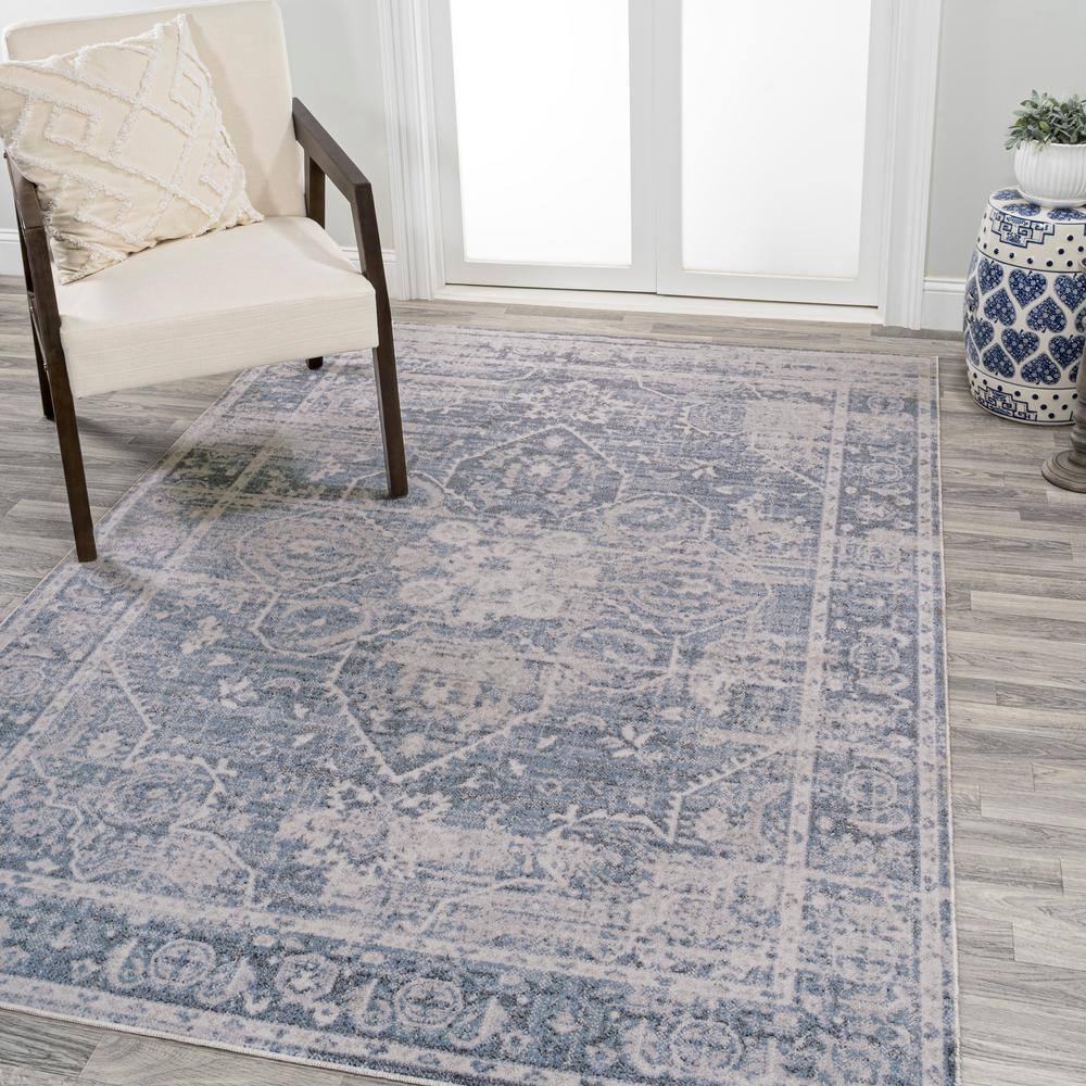 Shaii Global Blue and Light Gray Washable Medallion Rug
