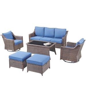 Skinny Guy Series 6-Piece Brown Wicker Outdoor Patio Conversation Corner Sofa Set with Cushion Guard Blue Cushions