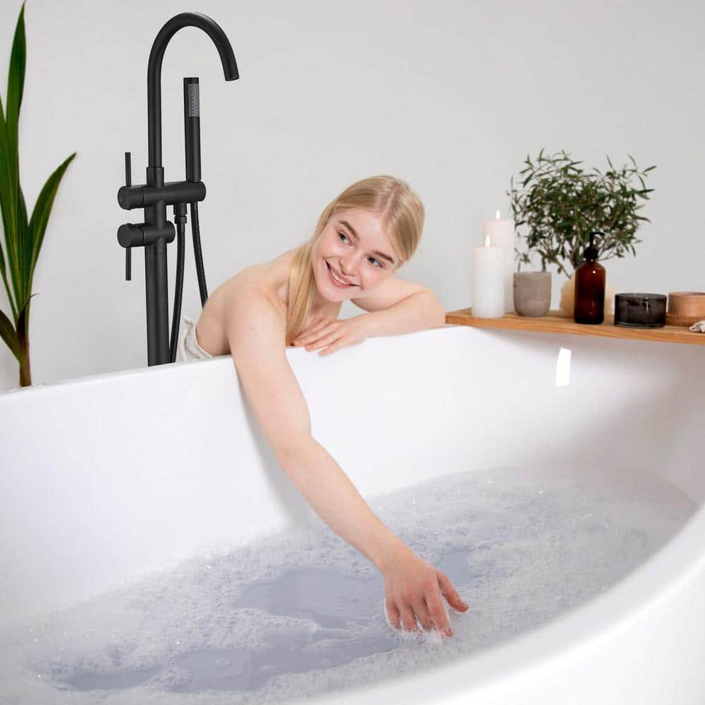 Matte Black Brass Freestanding Tub Filler with Handheld Shower