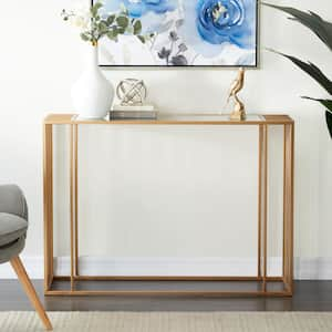 44 in. Gold Extra Large Rectangle Metal Geometric Console Table with Mirrored Glass Top