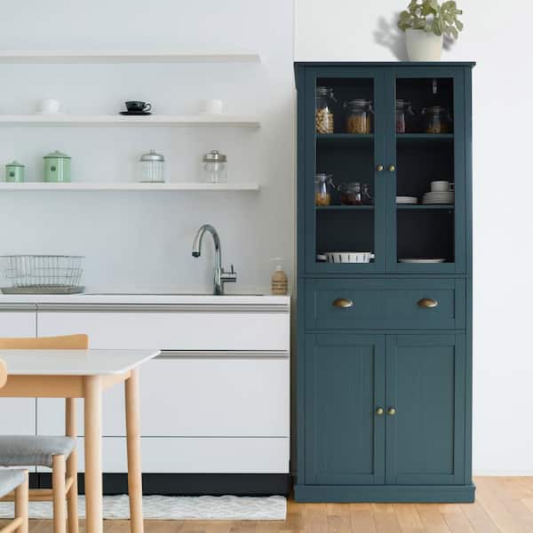VEIKOUS Teal Blue Wooden Kitchen Storage 30 in. W Pantry Cabinet Closet with Doors and Adjustable Shelves
