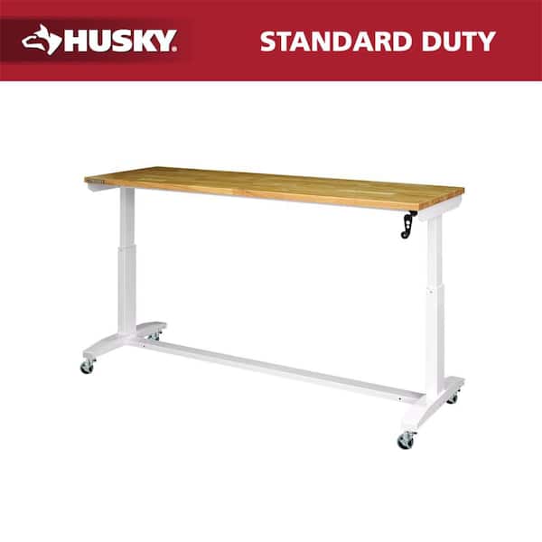 72 in. W x 24 in. D Adjustable Height White Workbench with Solid Wood Top