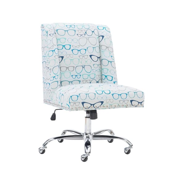 Linon Home Decor Alex Glasses Print Fabric Adjustable Height Swivel Office Desk Task Chair in Blue with Wheels