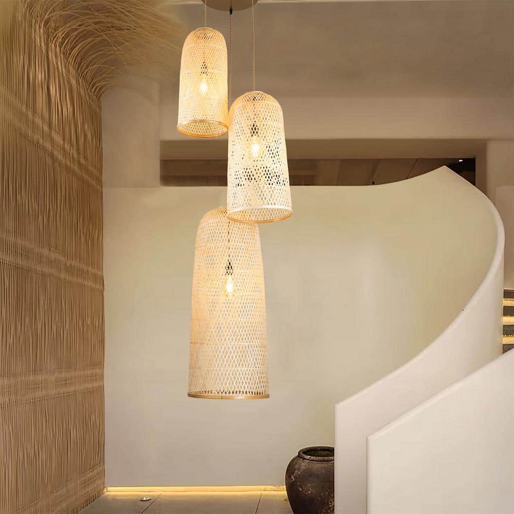 Tan Bamboo and Rattan 3-Light Pendant with Handwoven Shades